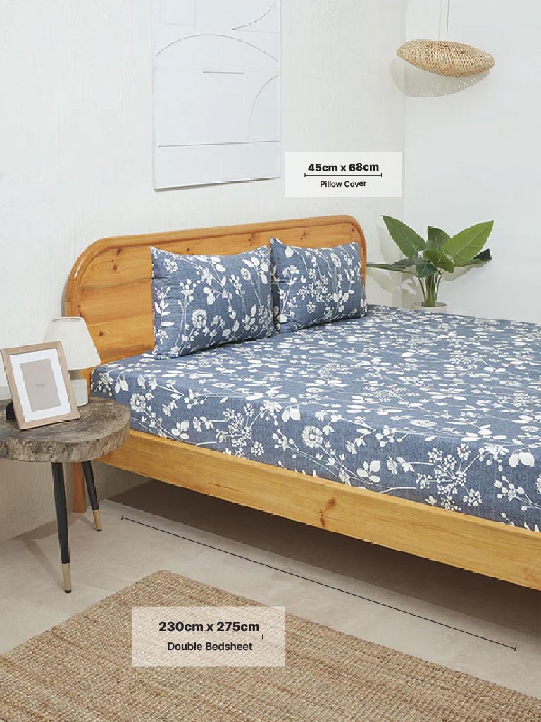 Westside Home Dusty Blue Floral Double Bed Flat Sheet and Pillowcase Set