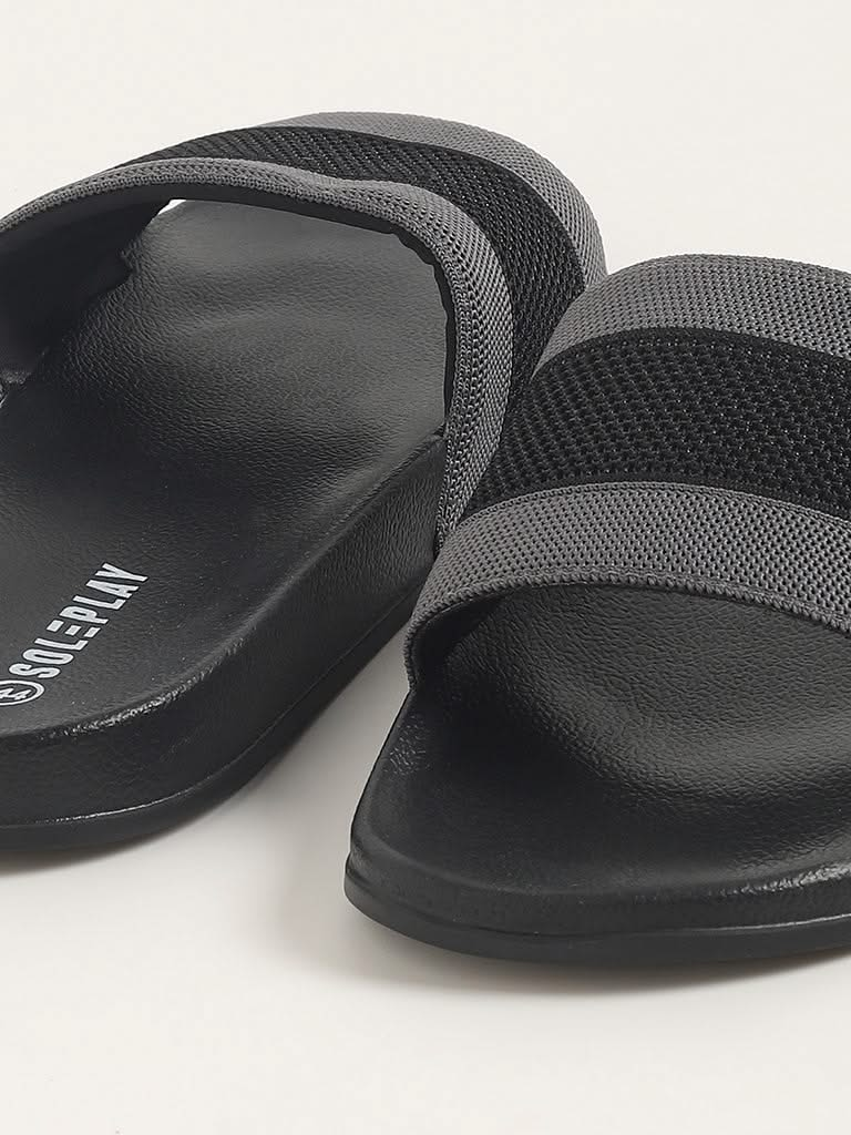 SOLEPLAY Grey & Black Broad-Strap Slides