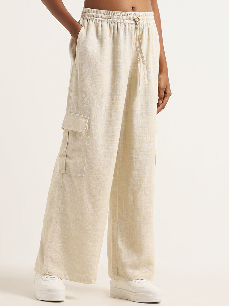 LOV Beige Cargo Blended Linen Pants