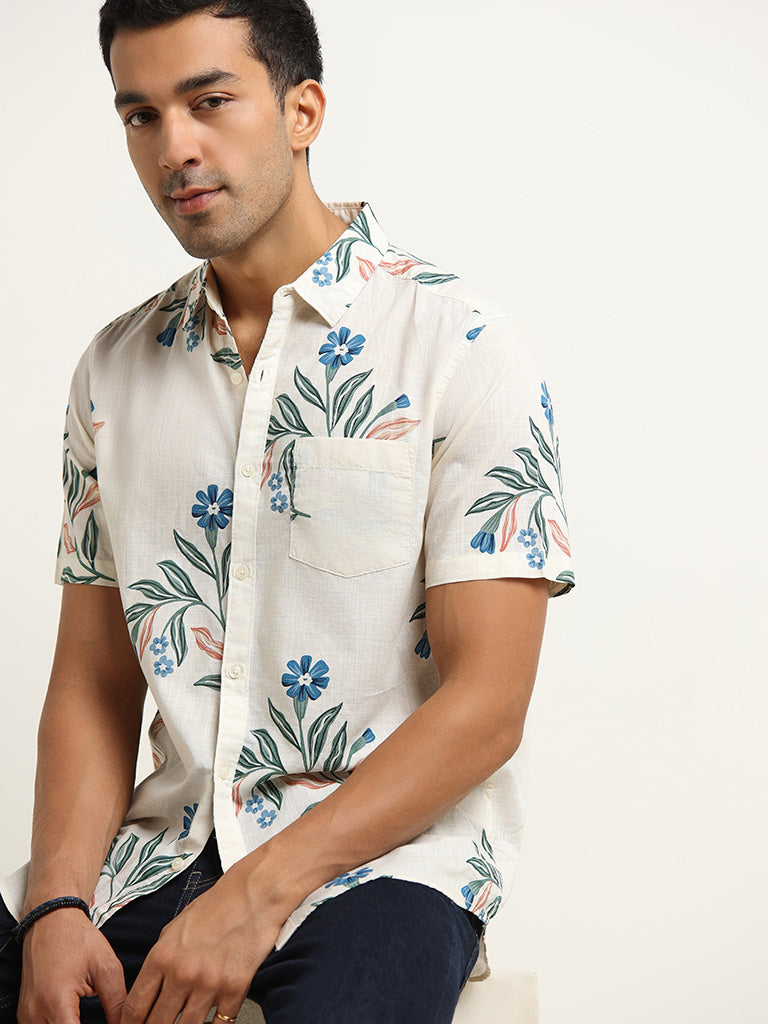 WES Casuals Cream Slim-Fit Botanical Print Cotton Shirt