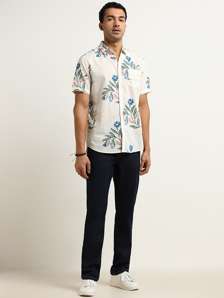 WES Casuals Cream Slim-Fit Botanical Print Cotton Shirt