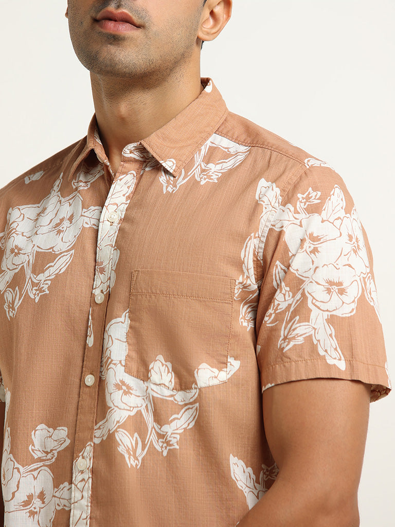 WES Casuals Brown Slim-Fit Floral Print Cotton Shirt