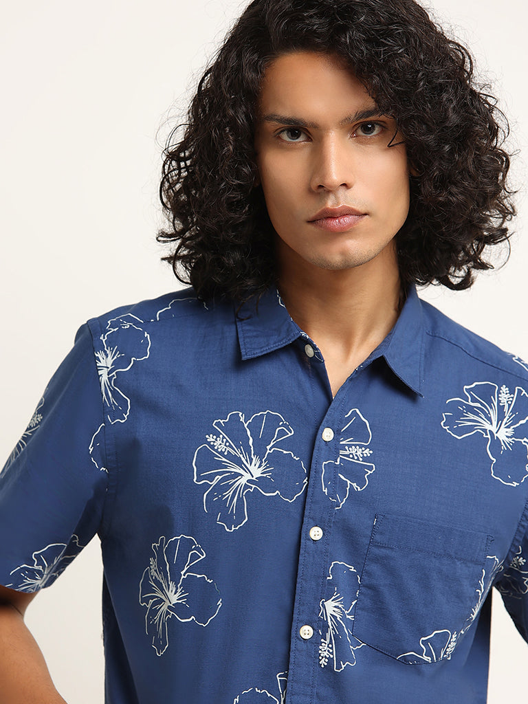 WES Casuals Blue Slim-Fit Floral Print Cotton Shirt