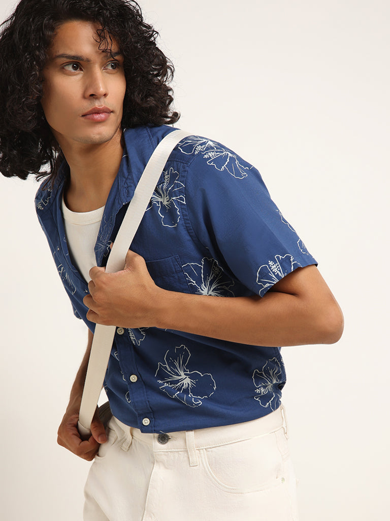 WES Casuals Blue Slim-Fit Floral Print Cotton Shirt