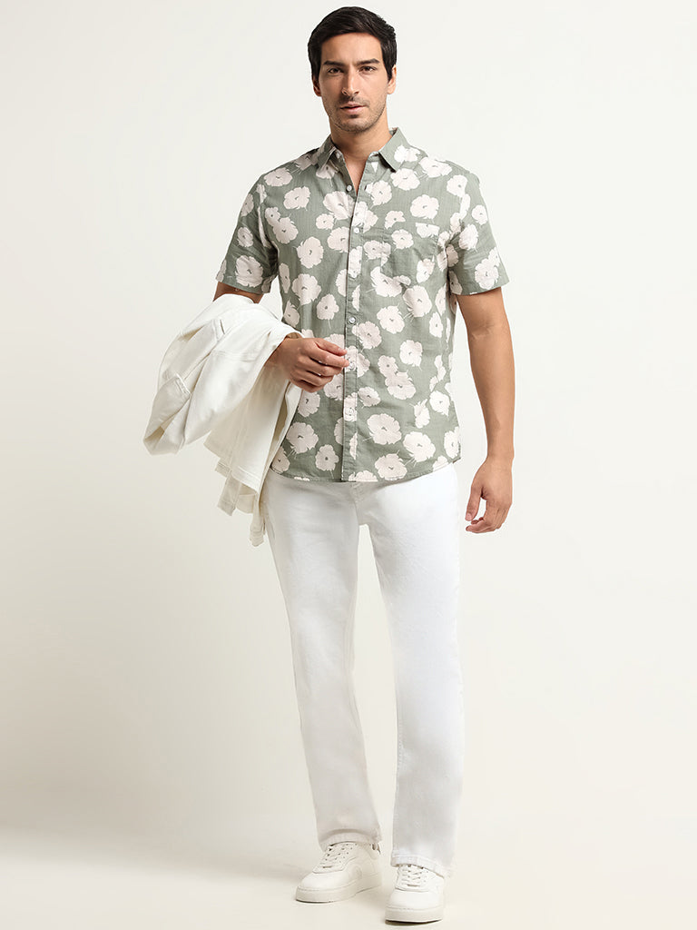 WES Casuals Green Slim Fit Floral Blended Linen Shirt