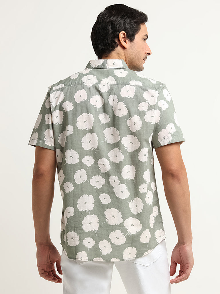 WES Casuals Green Slim Fit Floral Blended Linen Shirt