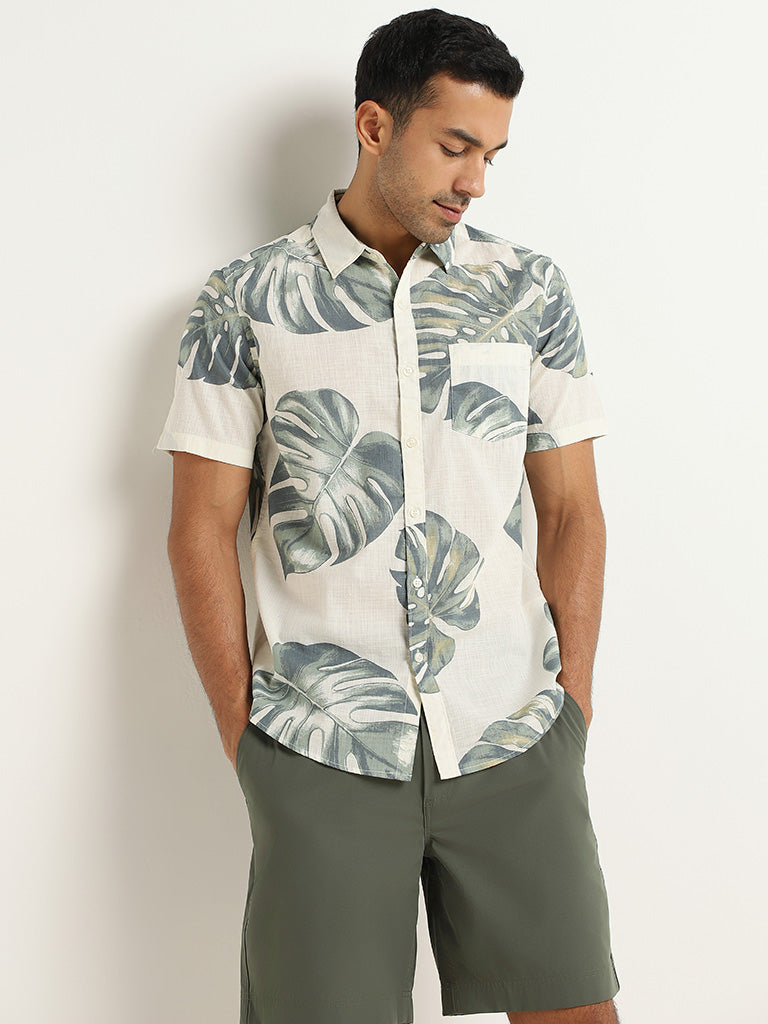 WES Casuals Green Printed Cotton Relaxed Fit Shirt