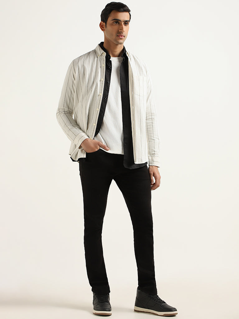 WES Casuals Off-White Striped Cotton Slim Fit Shirt