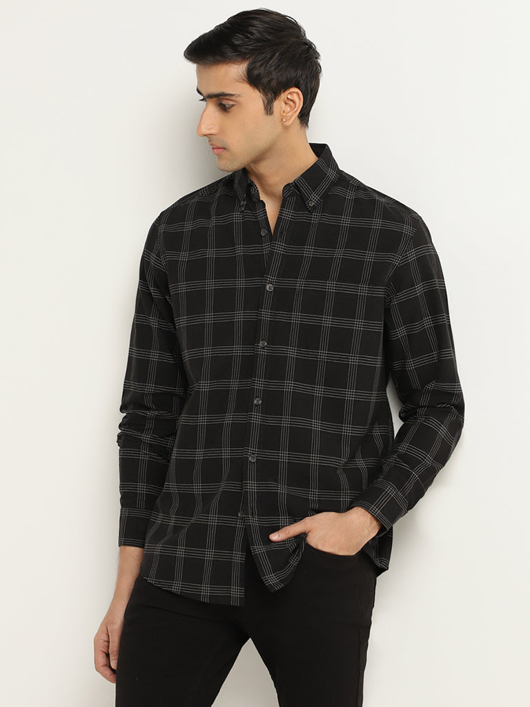 WES Casuals Black Checked Cotton Relaxed Fit Shirt