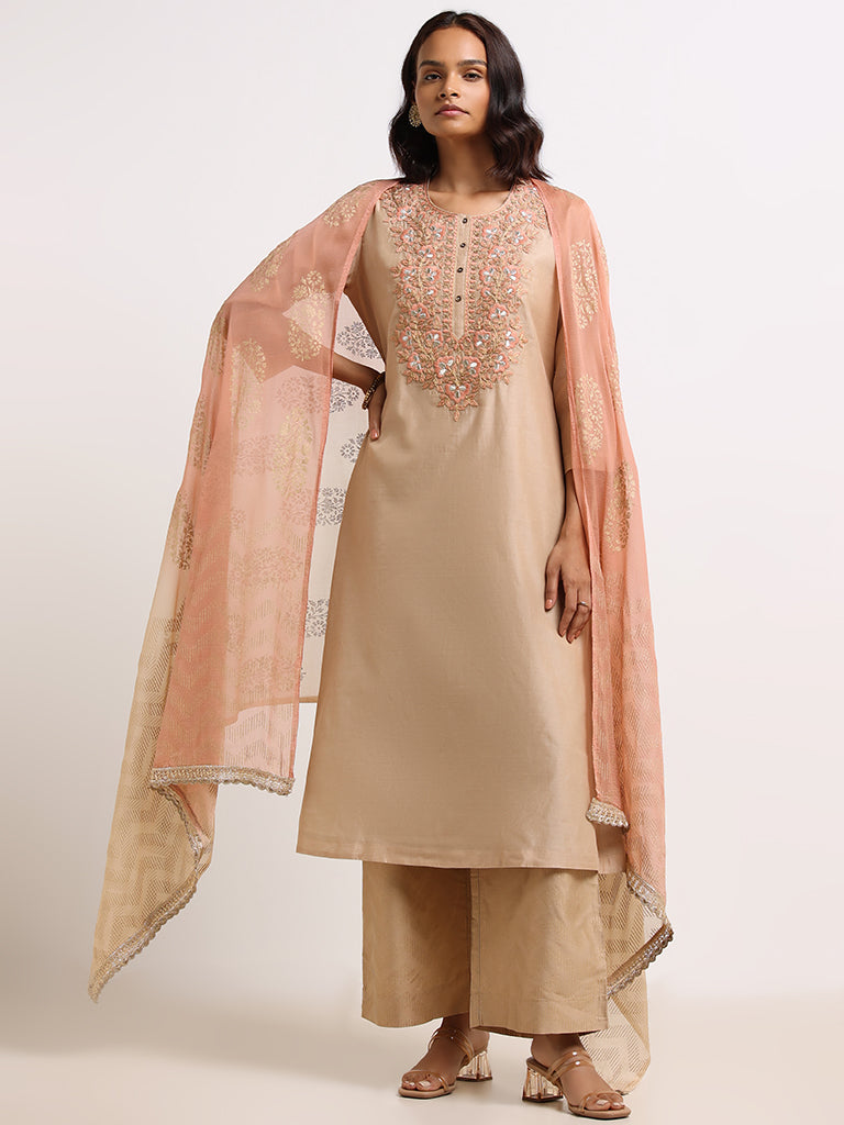 Vark Beige Embroidered Cotton Blend Kurta Set