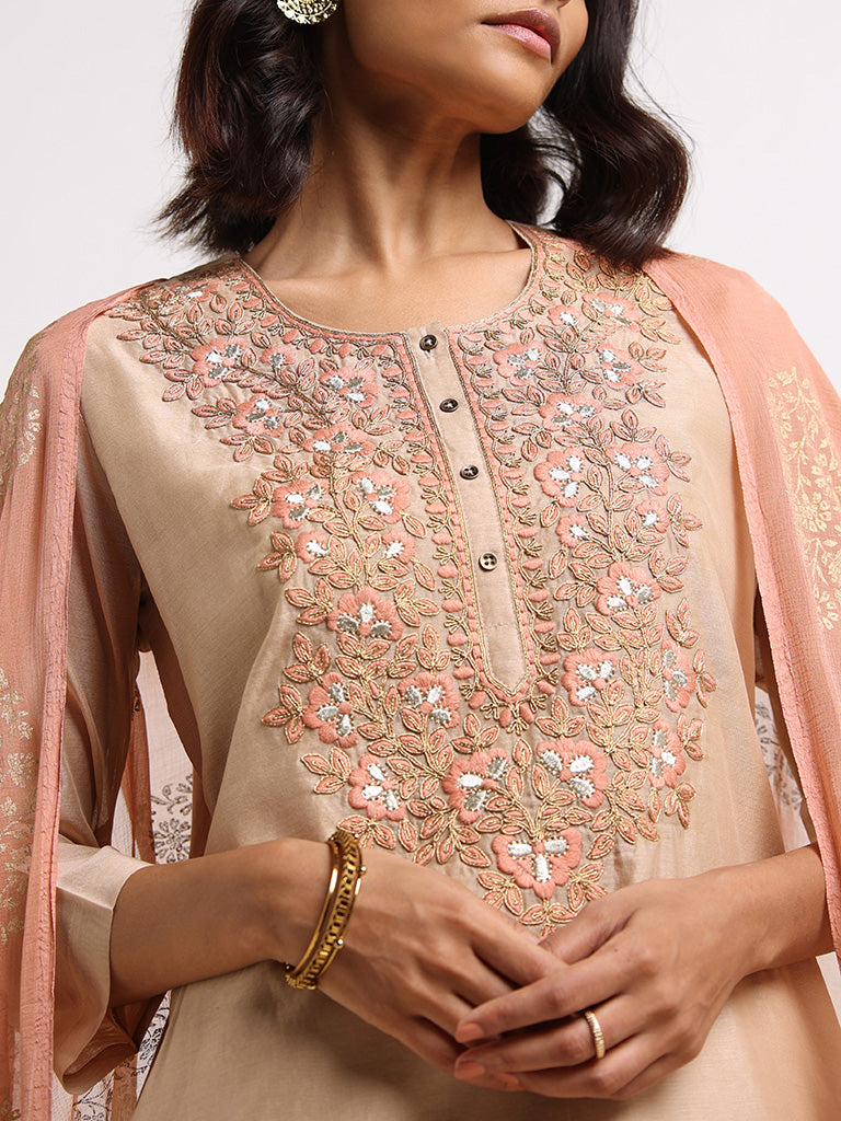 Vark Beige Embroidered Cotton Blend Kurta Set