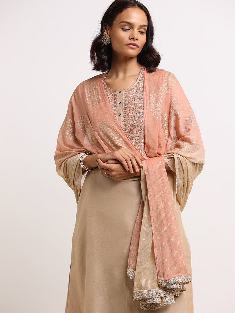 Vark Beige Embroidered Cotton Blend Kurta Set