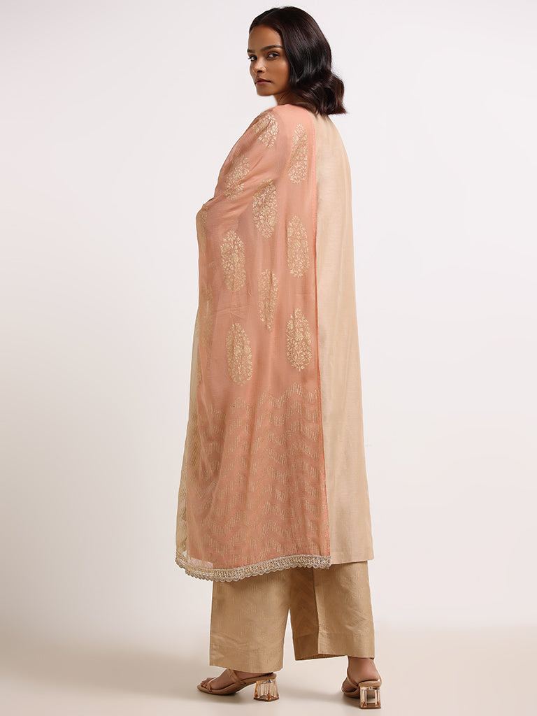 Vark Beige Embroidered Cotton Blend Kurta Set