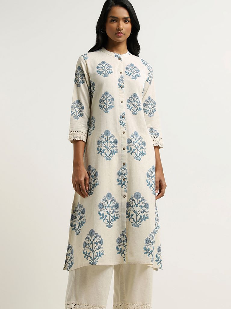 Utsa White Printed Lace Insert Kurta