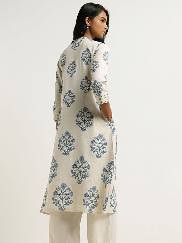 Utsa White Printed Lace Insert Kurta