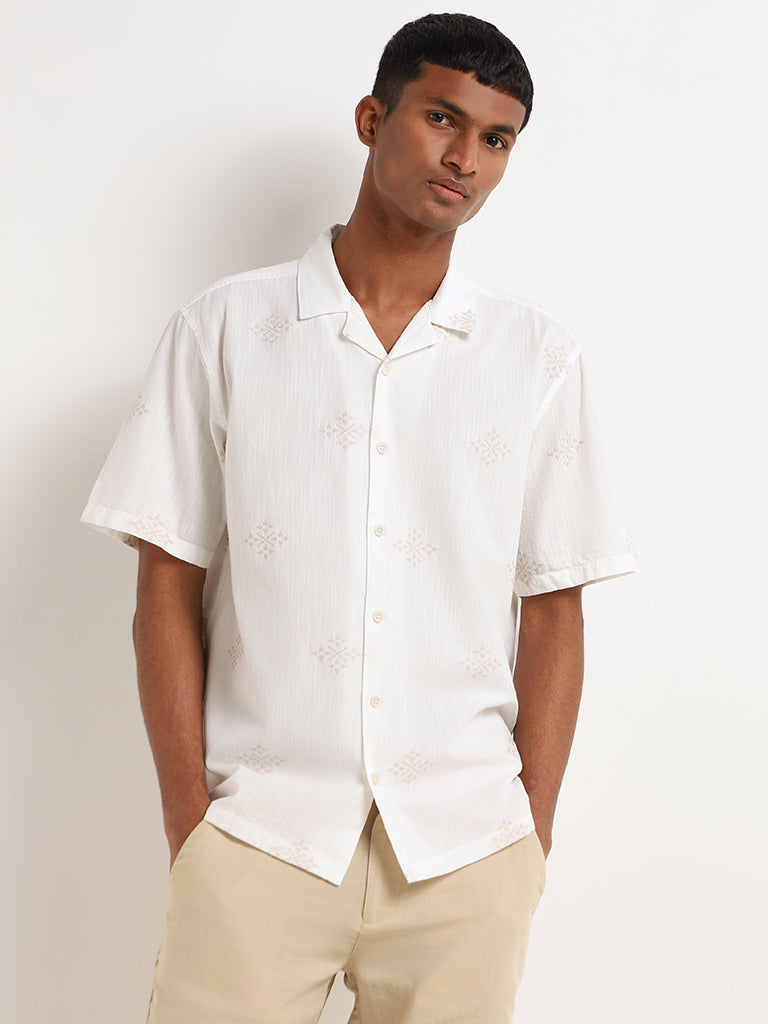 ETA White Embroidered Cotton Blend Resort Fit Shirt