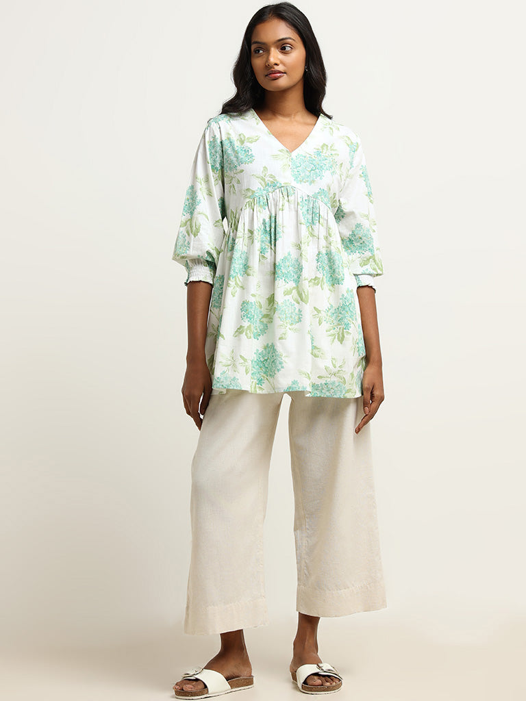 Utsa Aqua Green Floral Printed Cotton Kurti