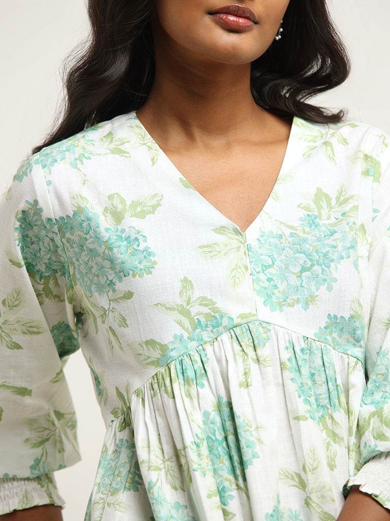 Utsa Aqua Green Floral Printed Cotton Kurti