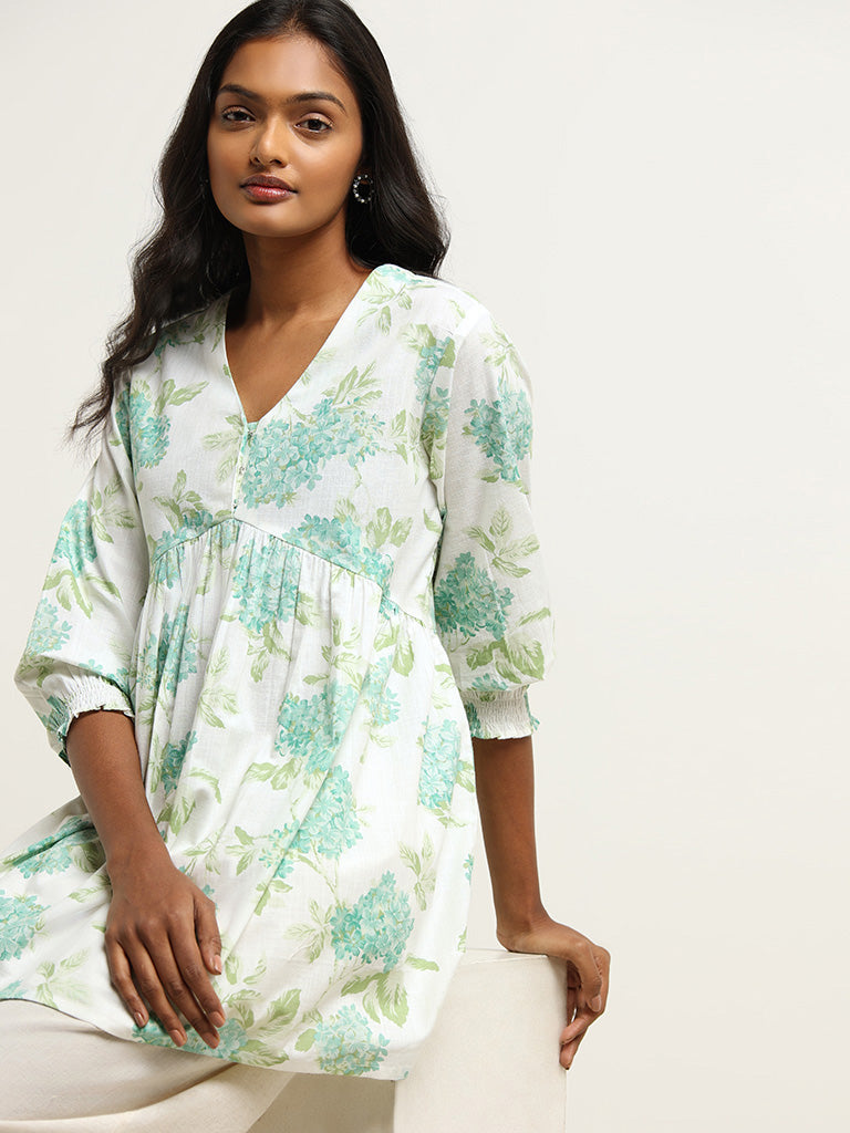 Utsa Aqua Green Floral Printed Cotton Kurti