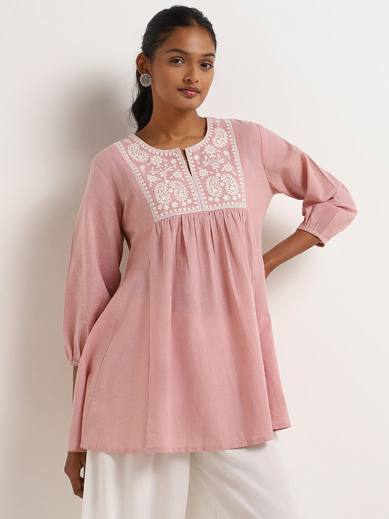 Utsa Pink Embroidered Cotton Kurti