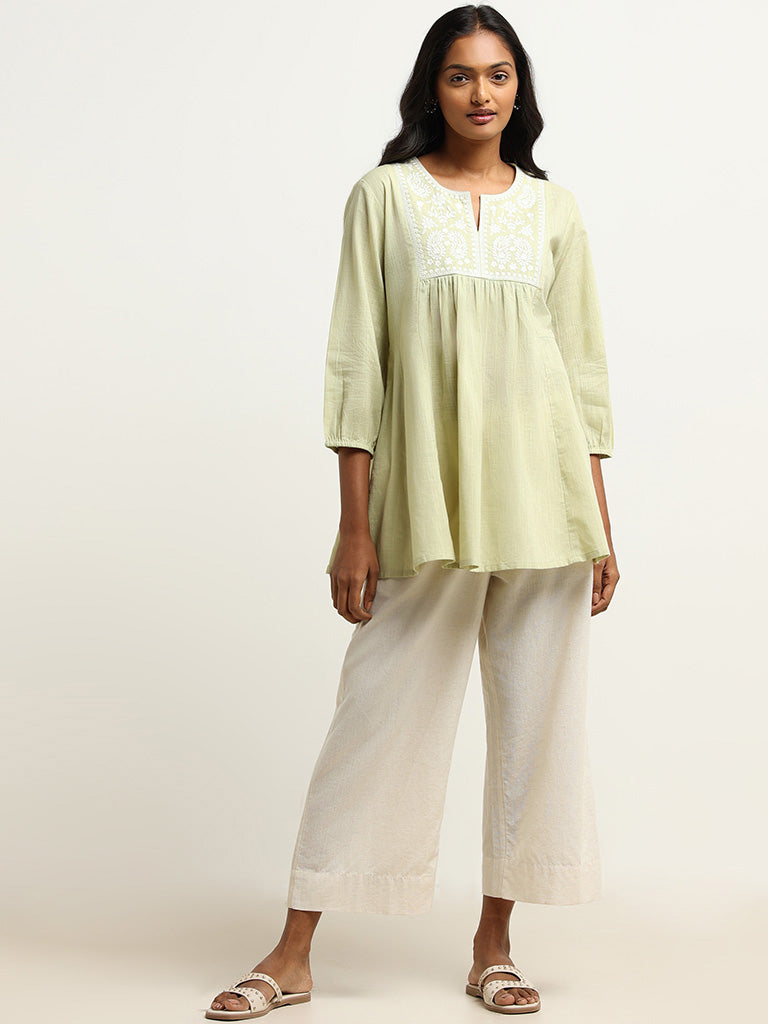 Utsa Green Yoke Embroidered Cotton Kurti