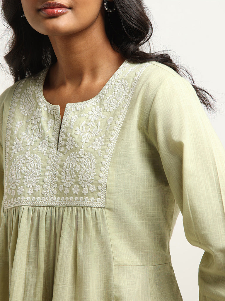 Utsa Green Yoke Embroidered Cotton Kurti