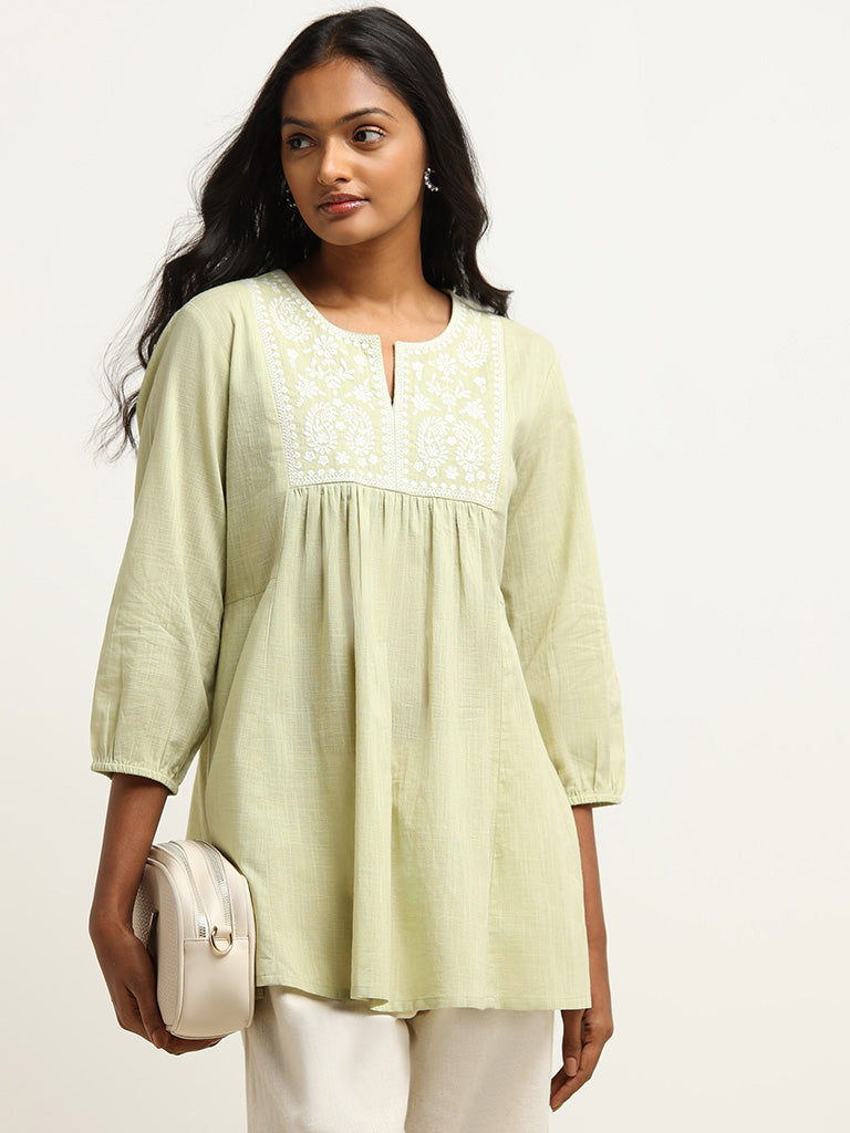 Utsa Green Yoke Embroidered Cotton Kurti