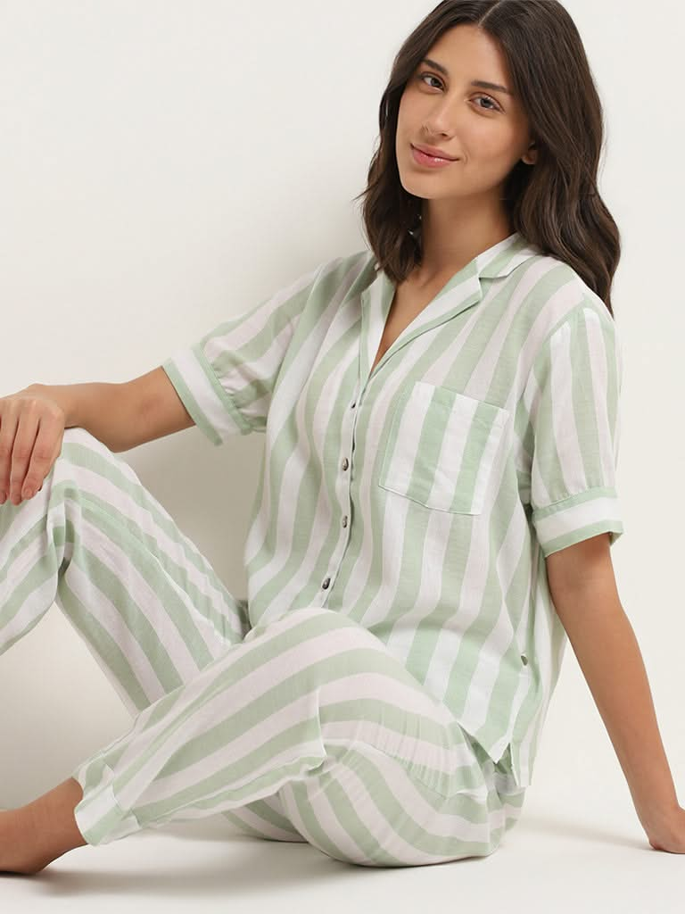 Wunderlove Green Striped Cotton Shirt and Pyjama Set