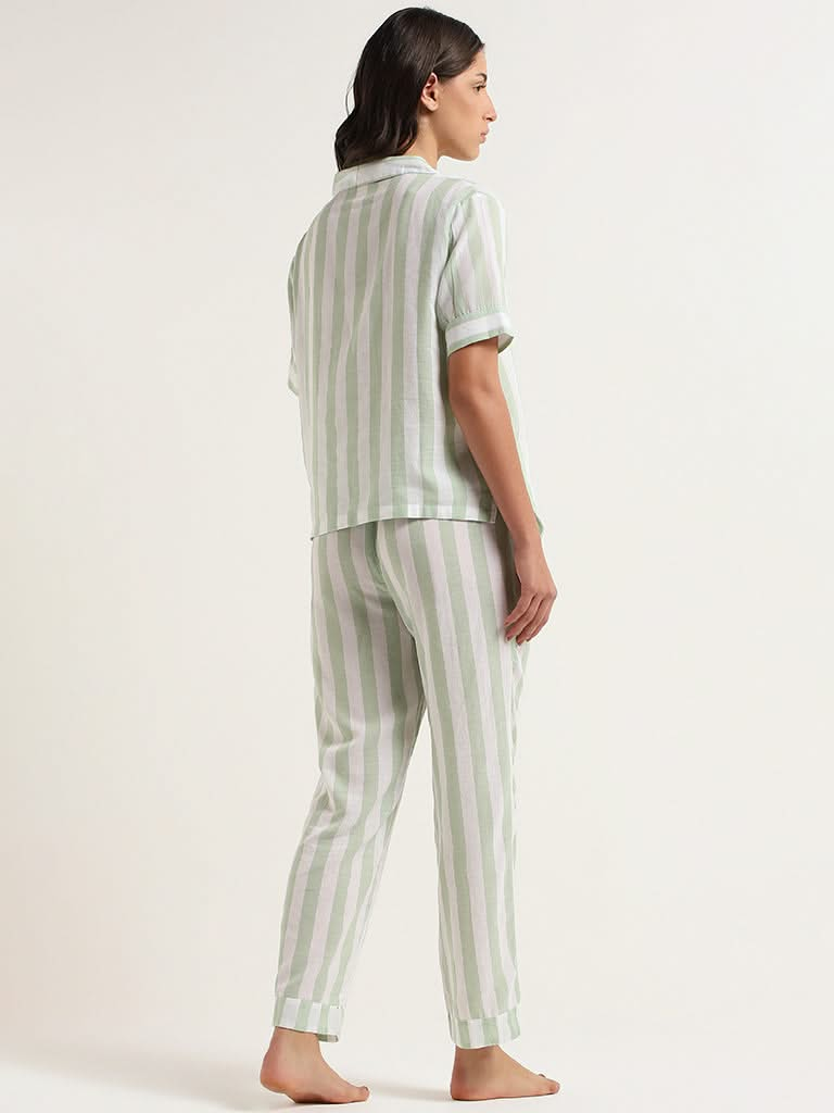 Wunderlove Green Striped Cotton Shirt and Pyjama Set