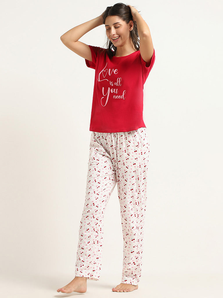 Wunderlove Off-White Cherry Printed Cotton Pyjamas