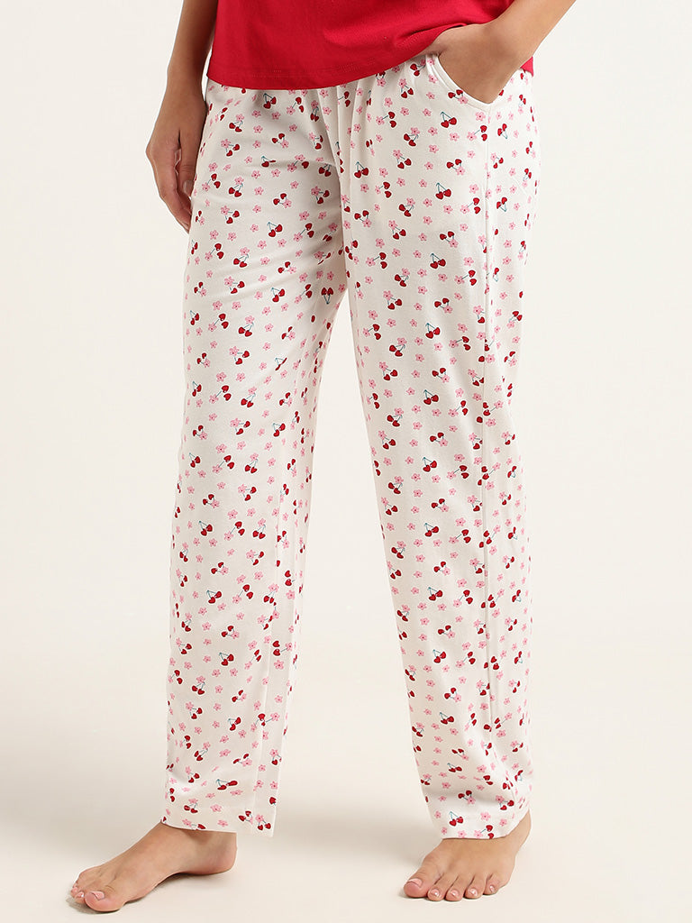 Wunderlove Off-White Cherry Printed Cotton Pyjamas