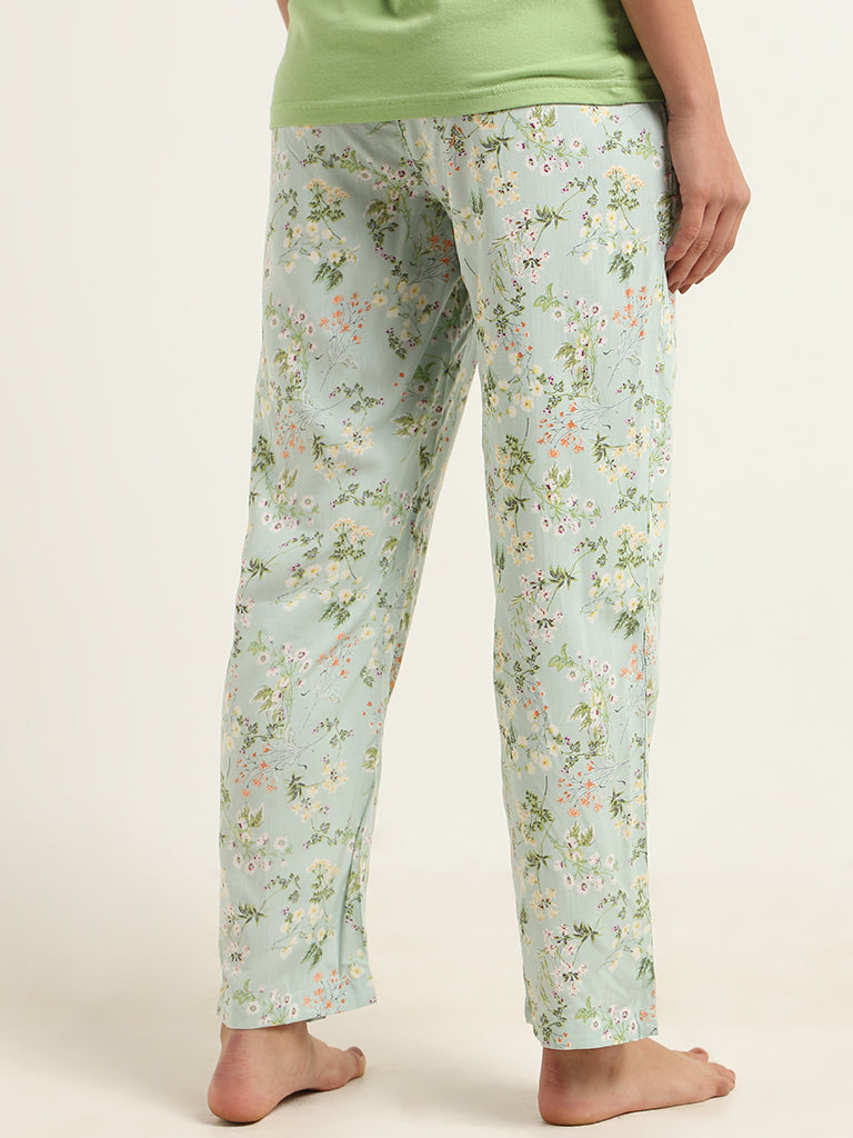 Wunderlove Light Green Floral Cotton Pyjamas