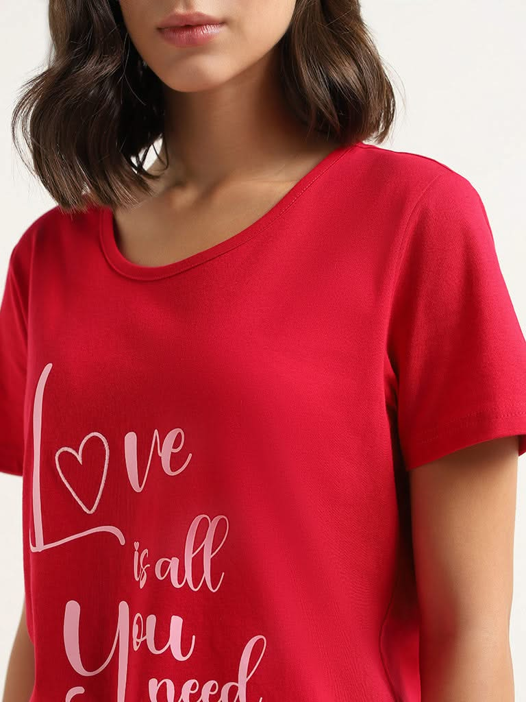 Wunderlove Red Contrast Printed Cotton T-Shirt