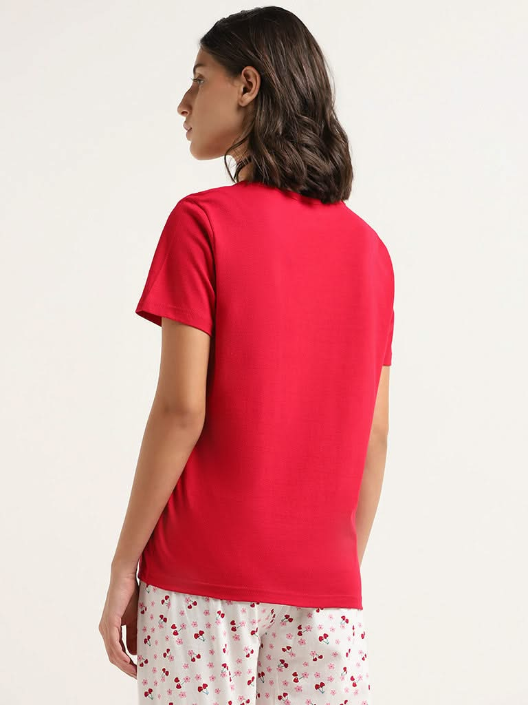 Wunderlove Red Contrast Printed Cotton T-Shirt