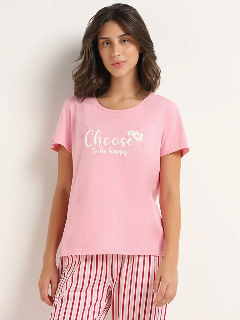 Wunderlove Light Pink Contrast Printed Cotton T-Shirt