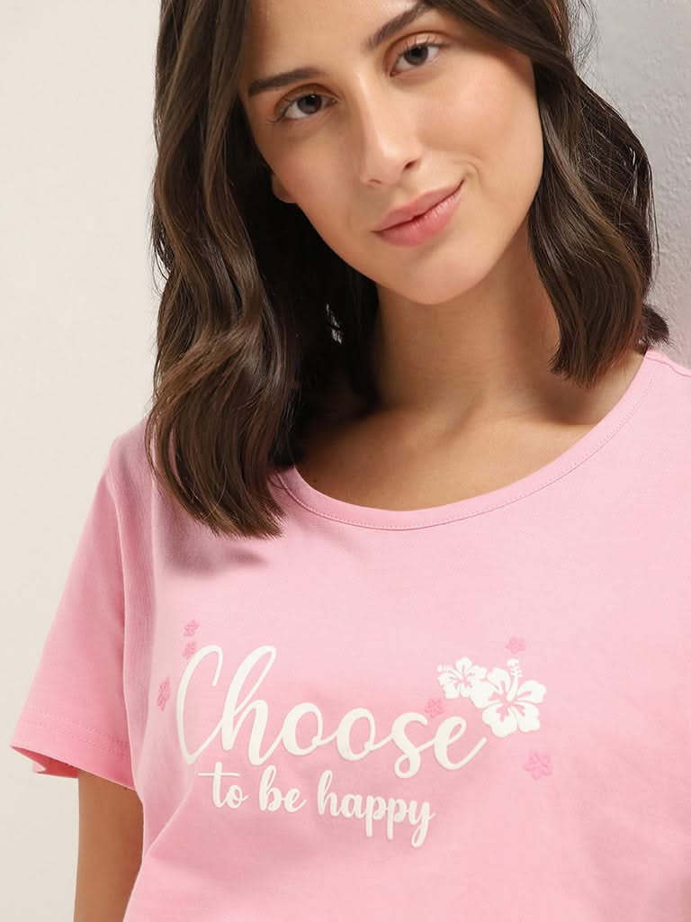 Wunderlove Light Pink Contrast Printed Cotton T-Shirt