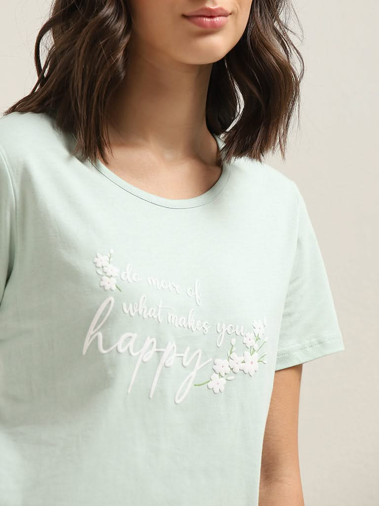 Wunderlove Light Green Printed Cotton T-Shirt