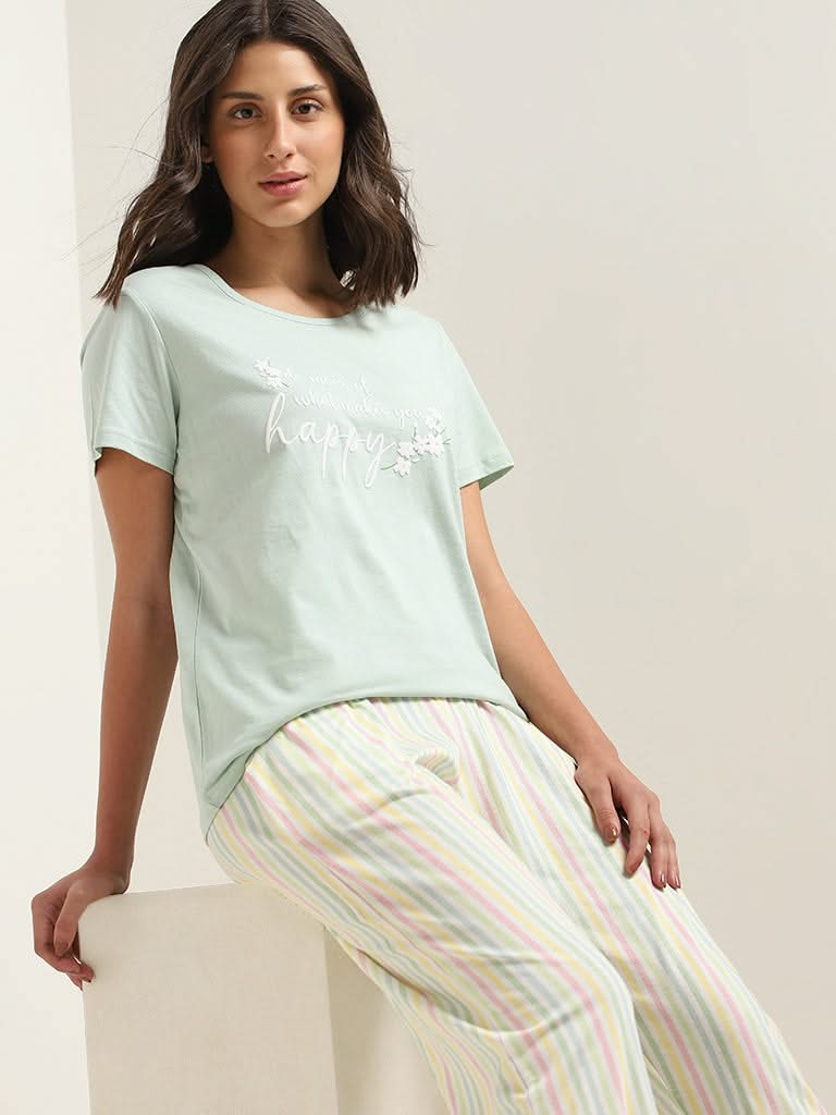 Wunderlove Light Green Printed Cotton T-Shirt