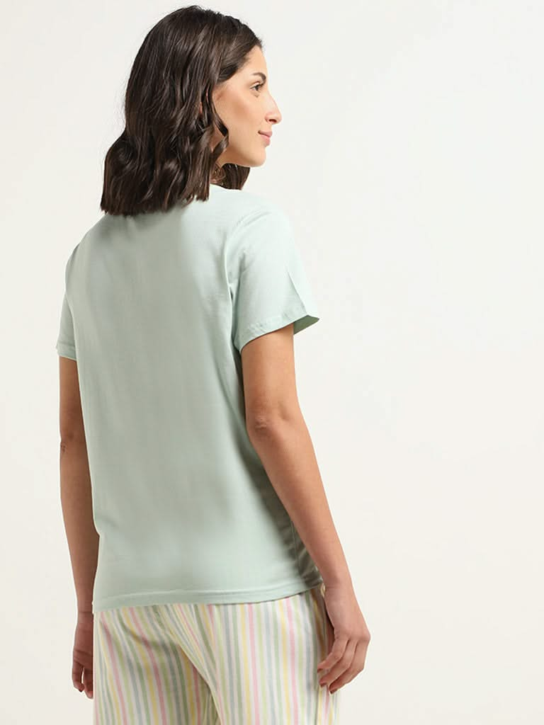 Wunderlove Light Green Printed Cotton T-Shirt