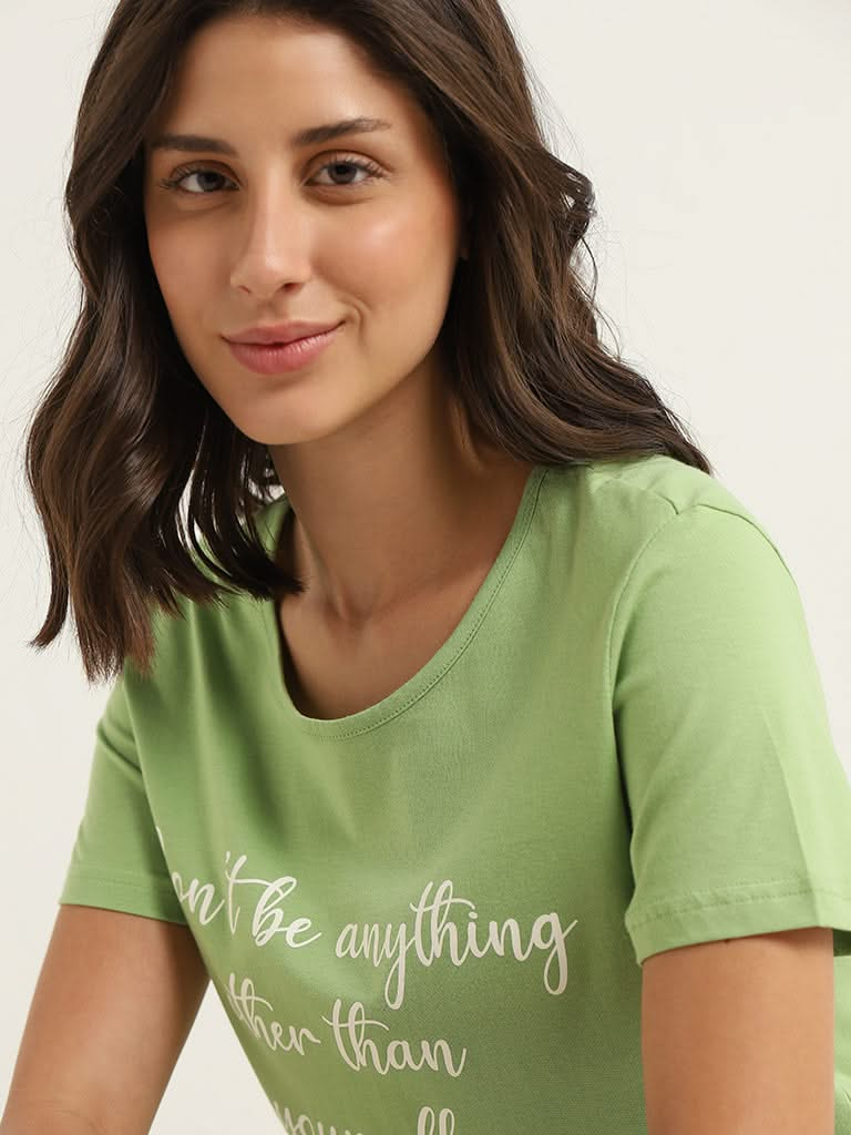 Wunderlove Green Printed Cotton T-Shirt