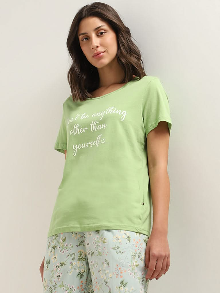 Wunderlove Green Printed Cotton T-Shirt