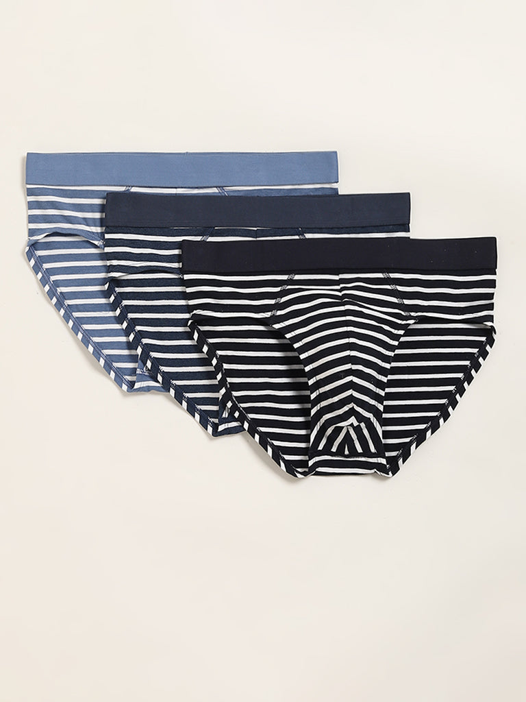 WES Lounge Navy Striped Cotton Blend Relaxed Fit Briefs- Pack of 3