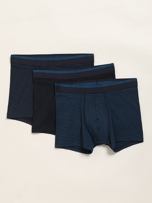 WES Lounge Teal Cotton Blend Relaxed Fit Trunks - Pack of 3