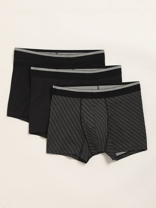 WES Lounge Black Printed Cotton Blend Relaxed Fit Trunks - Pack of 3