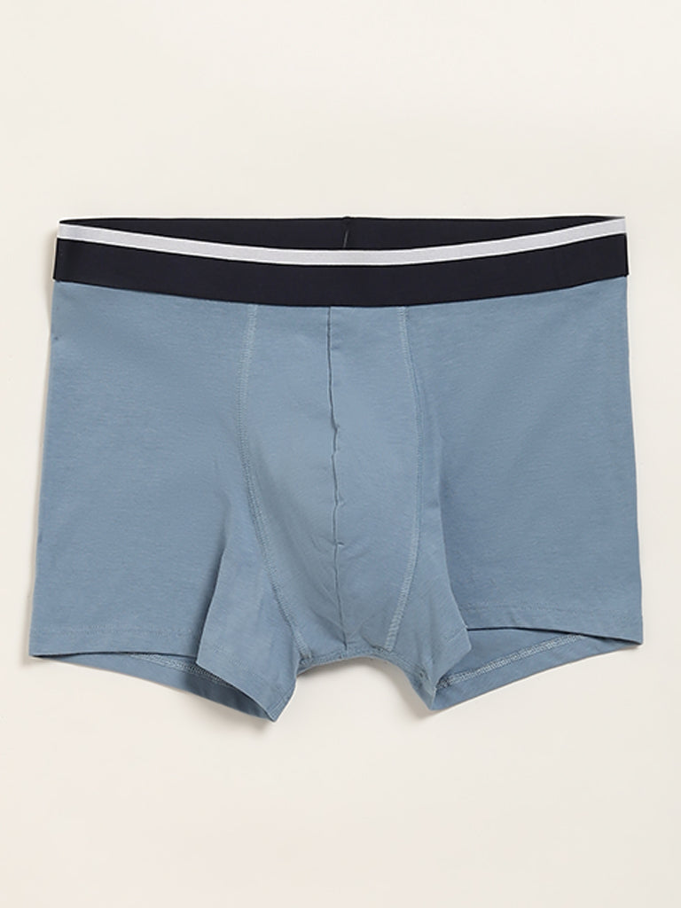 WES Lounge Light Blue Cotton Blend Relaxed Fit Trunks - Pack of 3