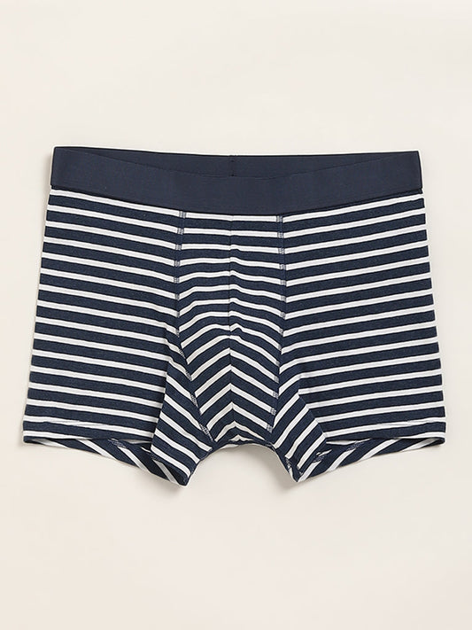 WES Lounge Navy Striped Cotton Blend Relaxed Fit Trunks - Pack of 3