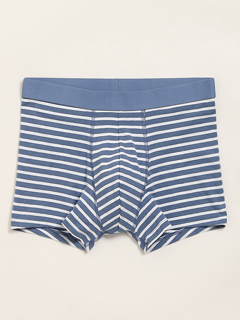 WES Lounge Navy Striped Cotton Blend Relaxed Fit Trunks - Pack of 3