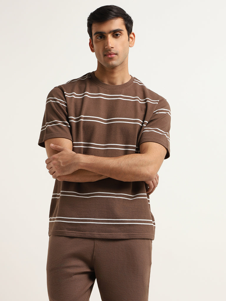 WES Lounge Brown Striped Cotton Blend Relaxed-Fit T-Shirt