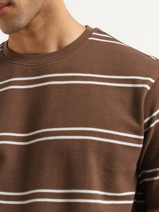 WES Lounge Brown Striped Cotton Blend Relaxed-Fit T-Shirt