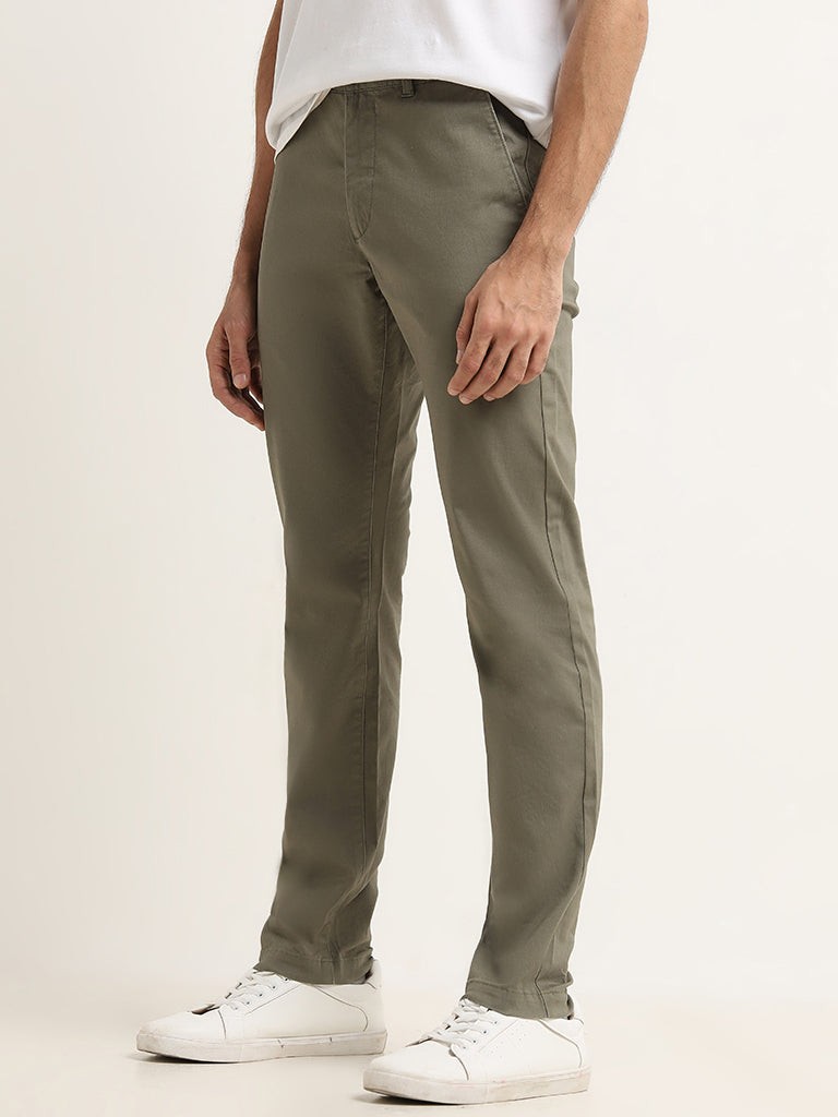 WES Casuals Olive Cotton Blend Slim Fit Mid Rise Chinos